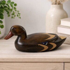 Vintage Hand-Painted Wooden Duck Decoy Figurine Rustic Brown Collectible Display